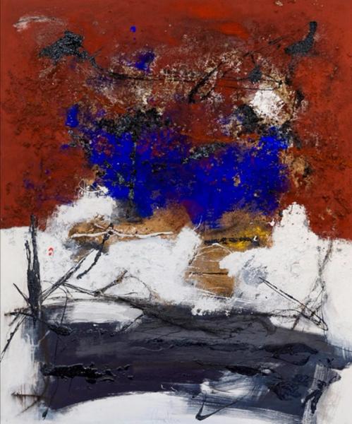 Martina Chardin abstrakte Malerei mit weiß braunem Hintergrund und grau indigo blauen Pinselstrichen in Rost Optik