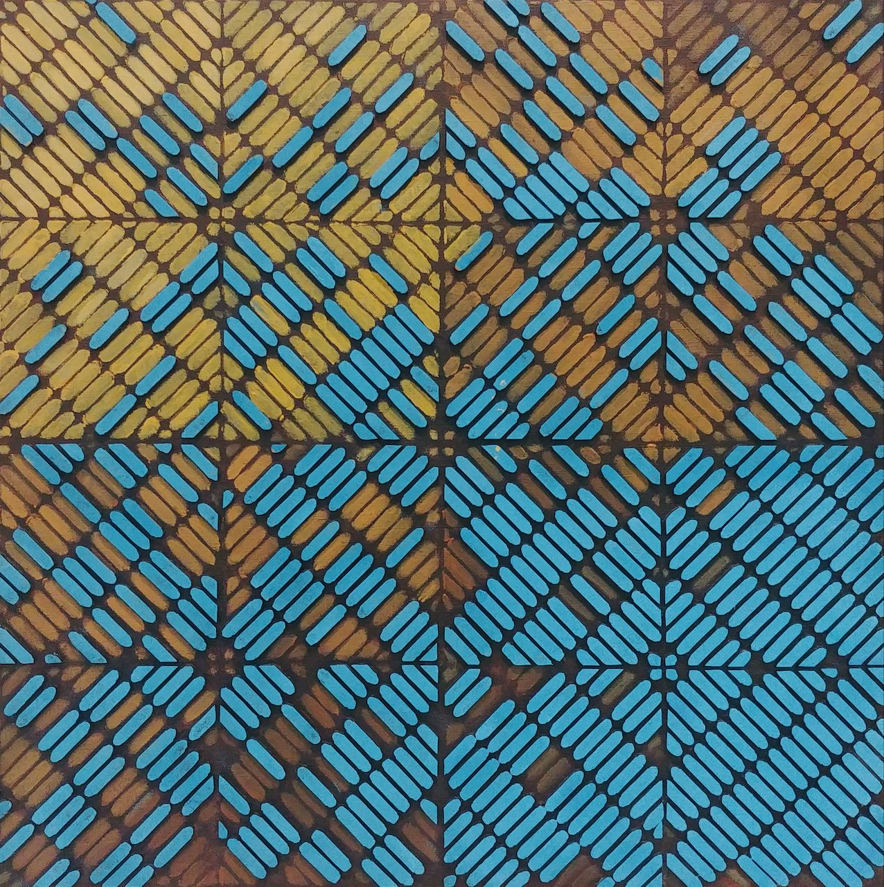 Val Wecerka kleine Ovale Mosaik Formen in gold und türkis geometrisch angeordnet