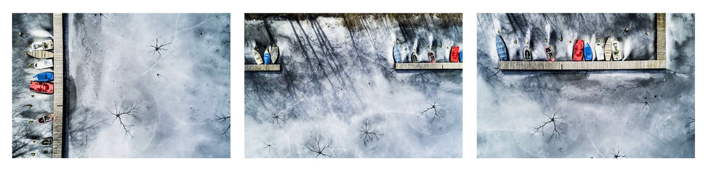 Stefan Kuhn's "Lakeshore Operations / Winter Serie #7" Drohnen Fotografie zeigt ein Seeufer mit 3 Motiven in einem Bild.