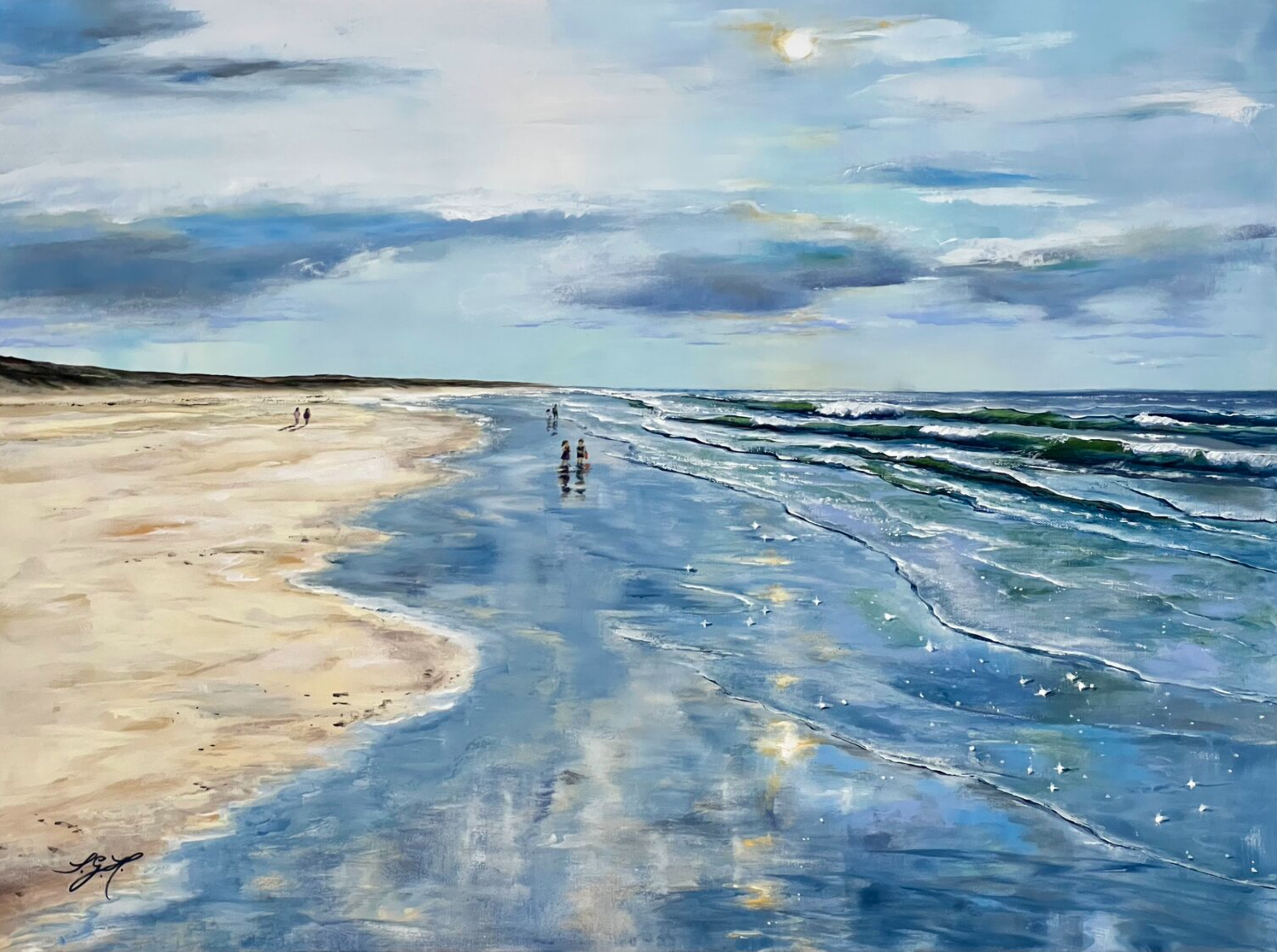 Sandra Gebhardt-Hoepfner的 "夏日时光2 "画作展示了海边的夏日时光。时间静止了，夏天似乎没有尽头。在阳光下散步，大海在你身边。幸福。一切皆有可能。主要颜色是浅蓝色、白色、浅灰色、绿松石色、深灰色、粉红色、桶状的橙色、浅米色、沙棕色。