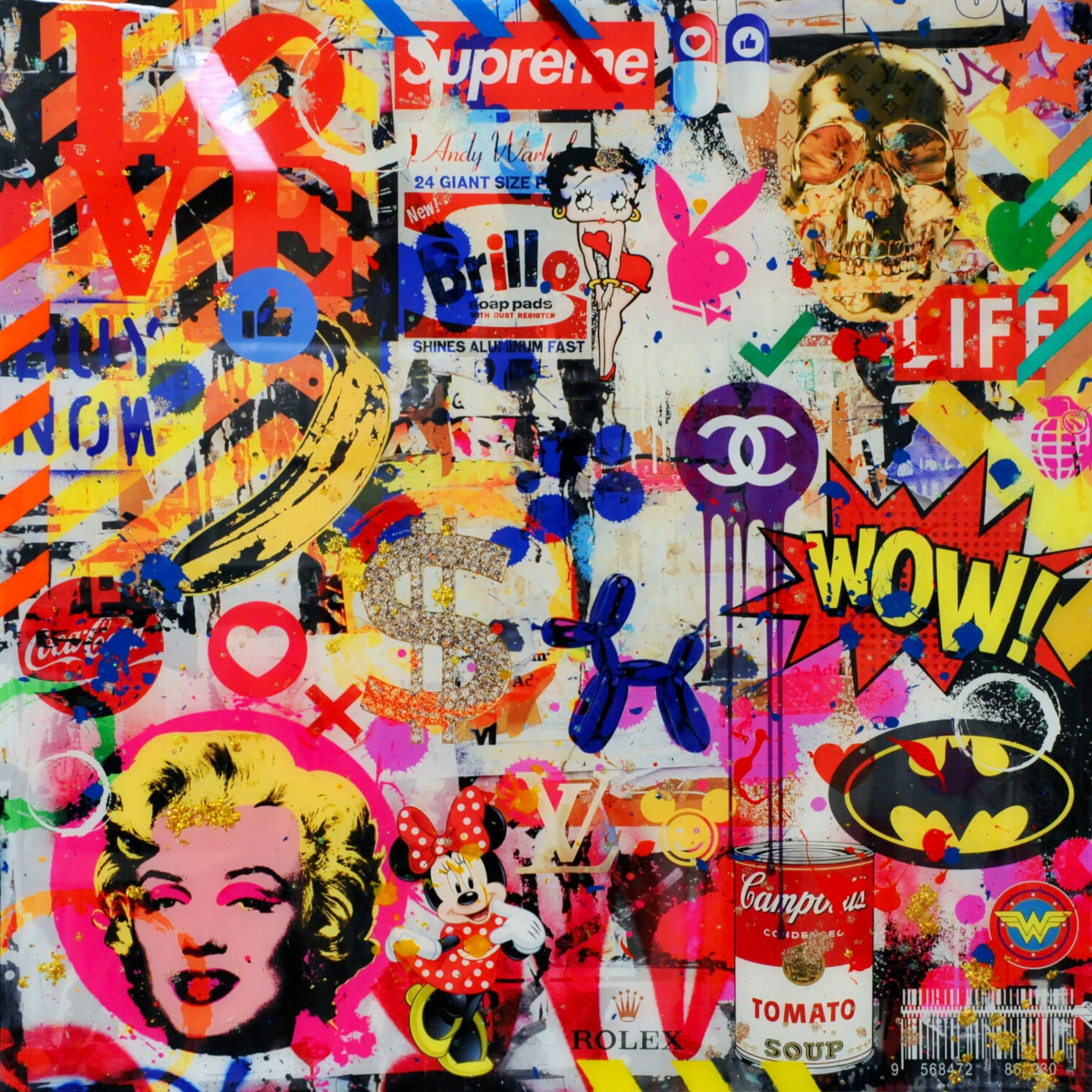 Karin Vermeer的 "Pop Explosion X "是将照片、绘画和拼贴画以数字方式组合和处理成新的、原创的彩色街头艺术作品。