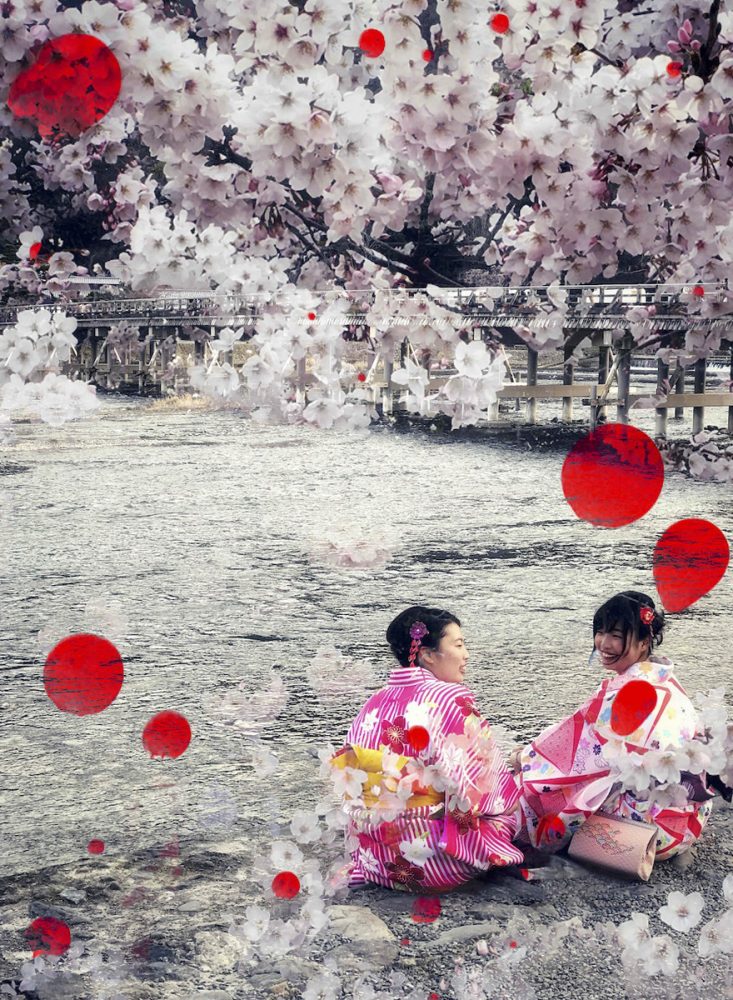 Delia Dickmann abstrakte Fotografie Frauen in rosa Kimono und Kirschblüten Bäumen und Überlagerung roteKreise