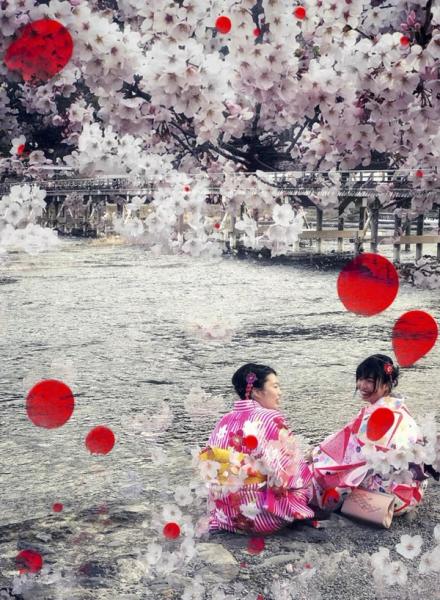 Delia Dickmann abstrakte Fotografie Frauen in rosa Kimono und Kirschblüten Bäumen und Überlagerung roteKreise