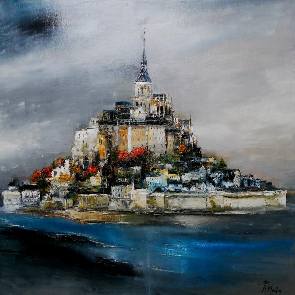 Philippe Meslin "Monumental" Bild, ist ein figuratives farbiges Ölgemälde von Mont Saint Michel
