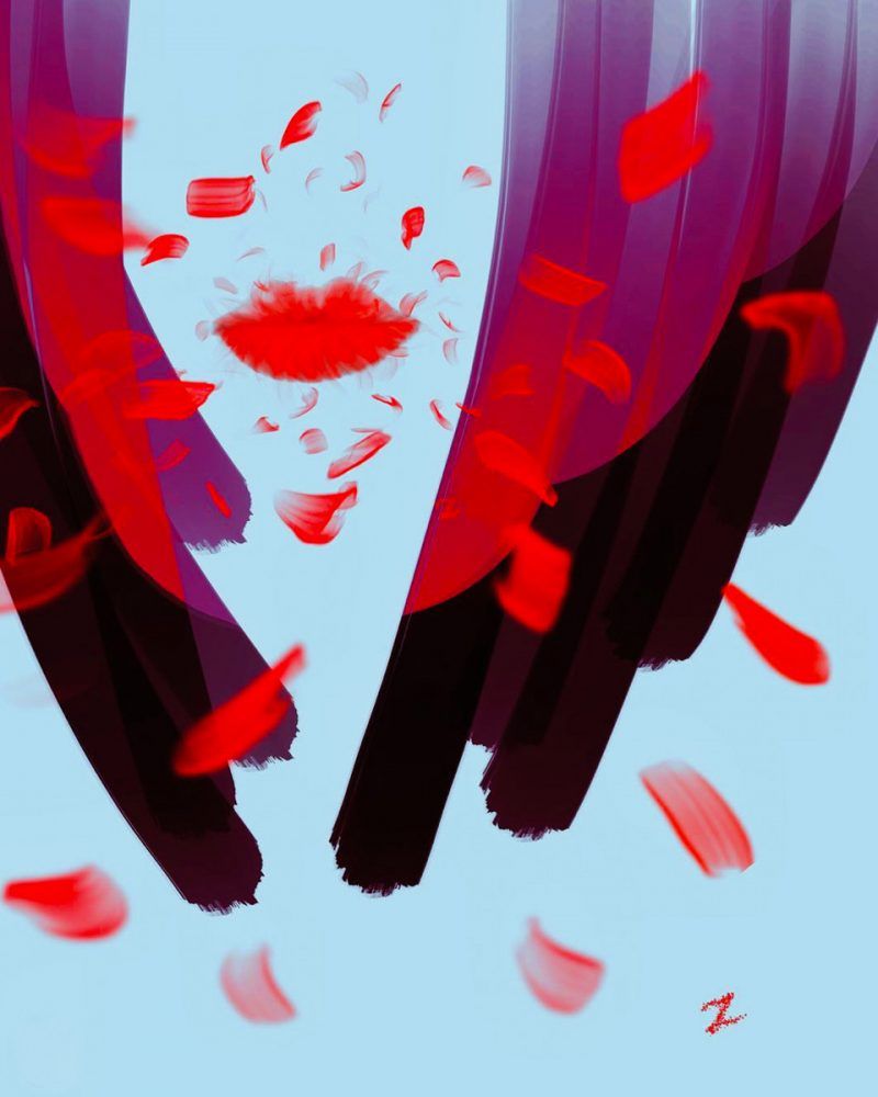 Zoko disegno digitale astratto mezzo volto con labbra rosse e capelli rossi viola