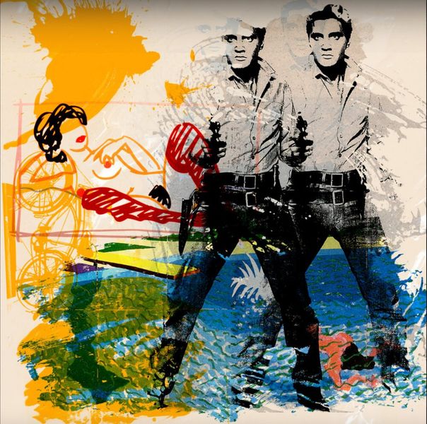 Jürgen Kuhl abstrakte Collage Elvis Presley mit Revolver und nackte abstrakte Frau