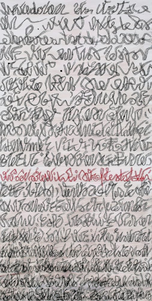 Maria Pia Pascoli Malerei Typographie grau unleserliche Schrift auf weißem Hintergrund