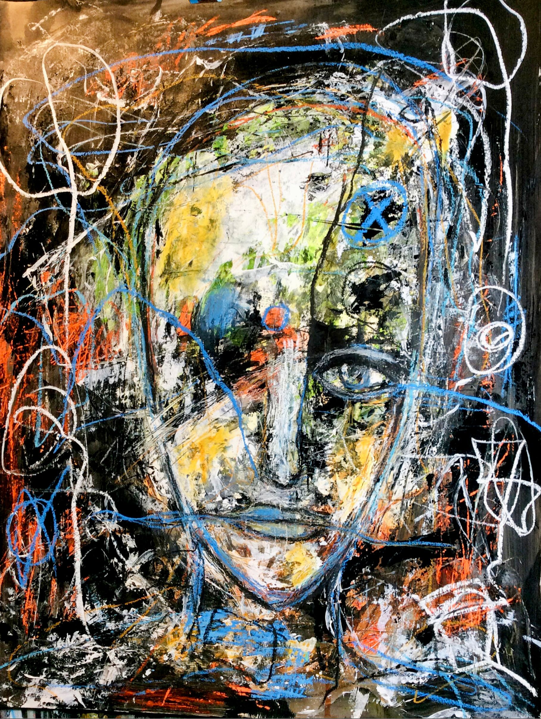 Le portrait expressif semi-abstrait "Spuren 1" d'Ilona Schmidt montre le visage d'une femme. Les couleurs noir, orange, rouge et bleu dominent dans ce tableau.
