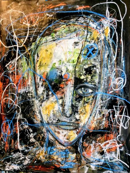Ilona Schmidt's "Spuren 1" semi-abstraktes  Expressives Porträtgemälde zeigt ein Frauengesicht. Die Farben schwarz, Orange, Rot und blau dominieren in diesem Bild.