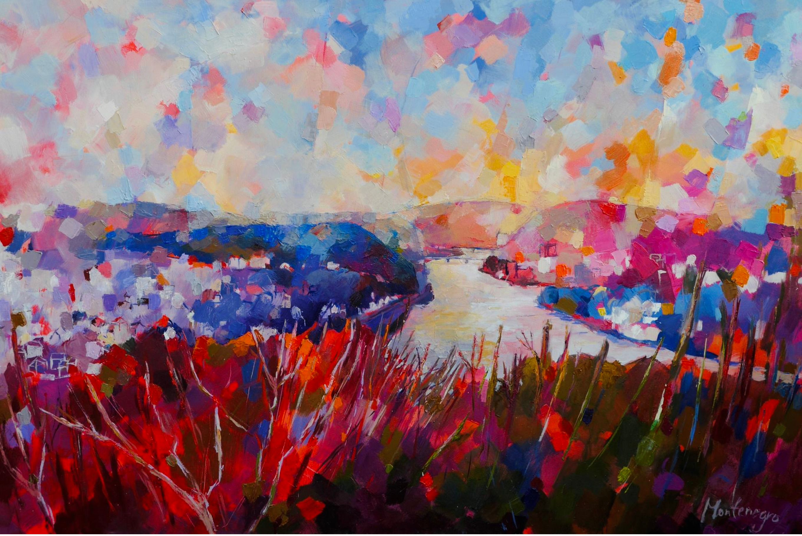 Miriam Montenegro peinture impressionniste vue de la colline sur la ville paysage avec rivière