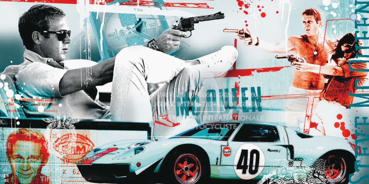 Nathali von Kretschmann Collage Steve McQueen con revolver e auto da corsa Gulf Ford GT40
