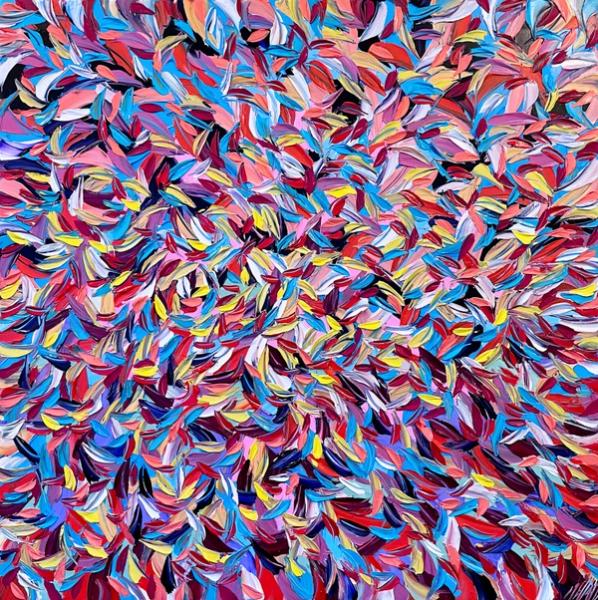 Oliver Messas "Vitalité..." Abstrakte farbenfrohe Malerei wirken wie Blätter