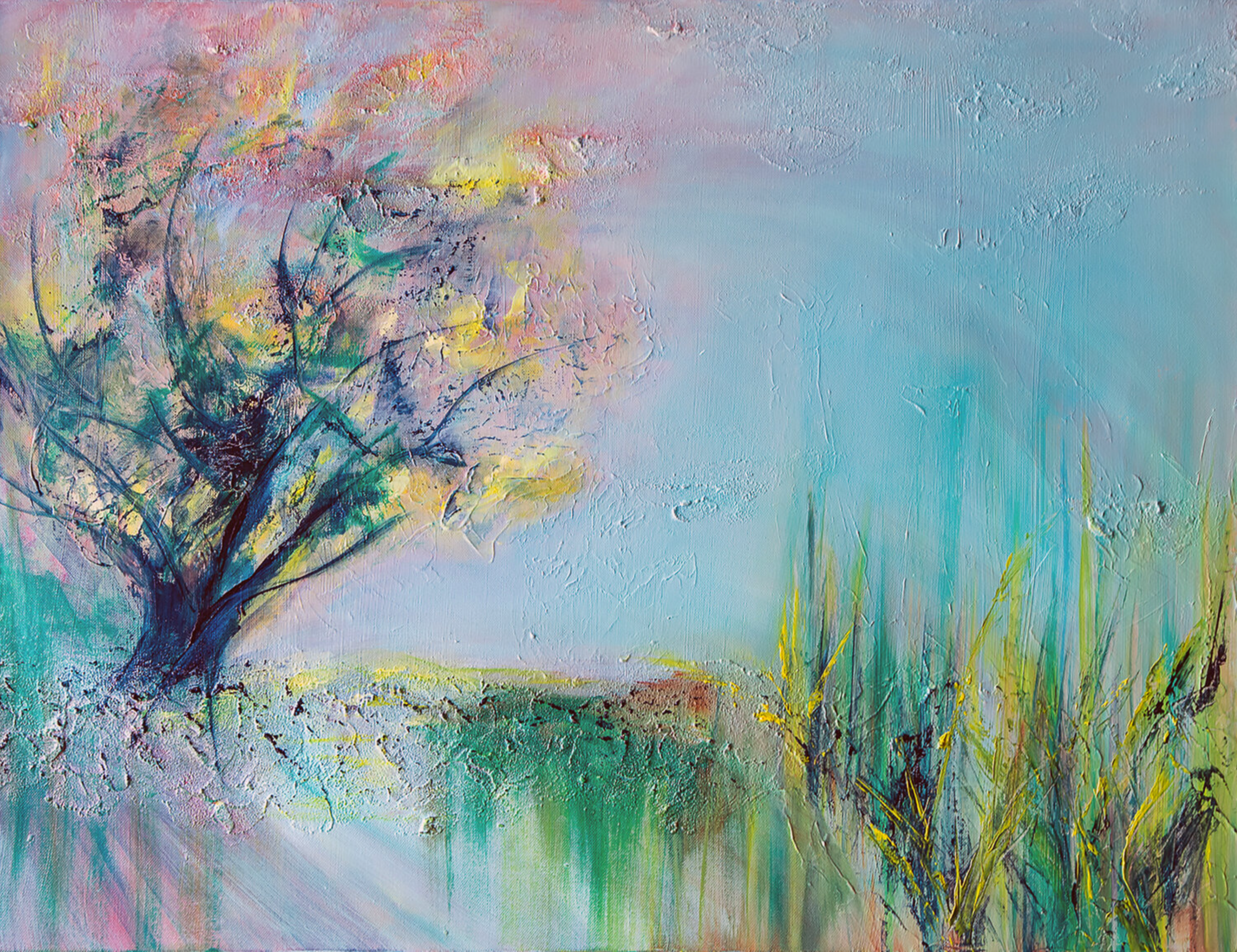 Françoise Dugourd-Caput的 "Réveil printanier "抽象画展示了想象中的野草运动中的花朵，这些野草被风抚摸，被穿过植被的太阳光照亮....。在手势的冲动下，露珠的出现与色彩相协调。温柔的和春天一样的生命回归的色彩