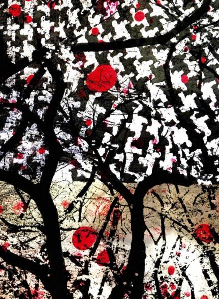 Delia Dickmann abstract photography branches overlay with black and white fabric pattern and red circles