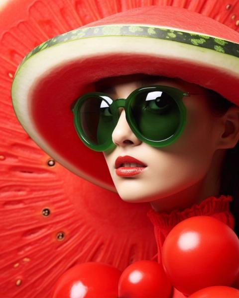 Bonny Carrera's KI generiertes Porträtbild "Watermelon Fashion" zeigt eine Frau mit Sonnenbrille und Wassermelonen-Outfit.