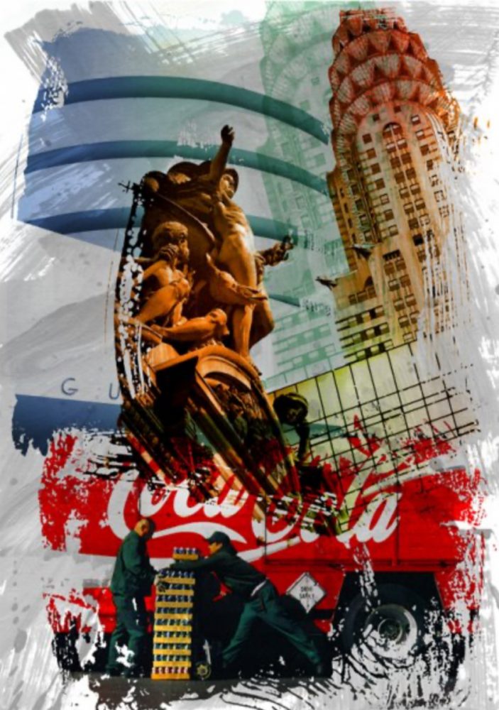 Jürgen Kuhl abstrakte Collage Siebdruck New York Empire State Building und Coca Cola