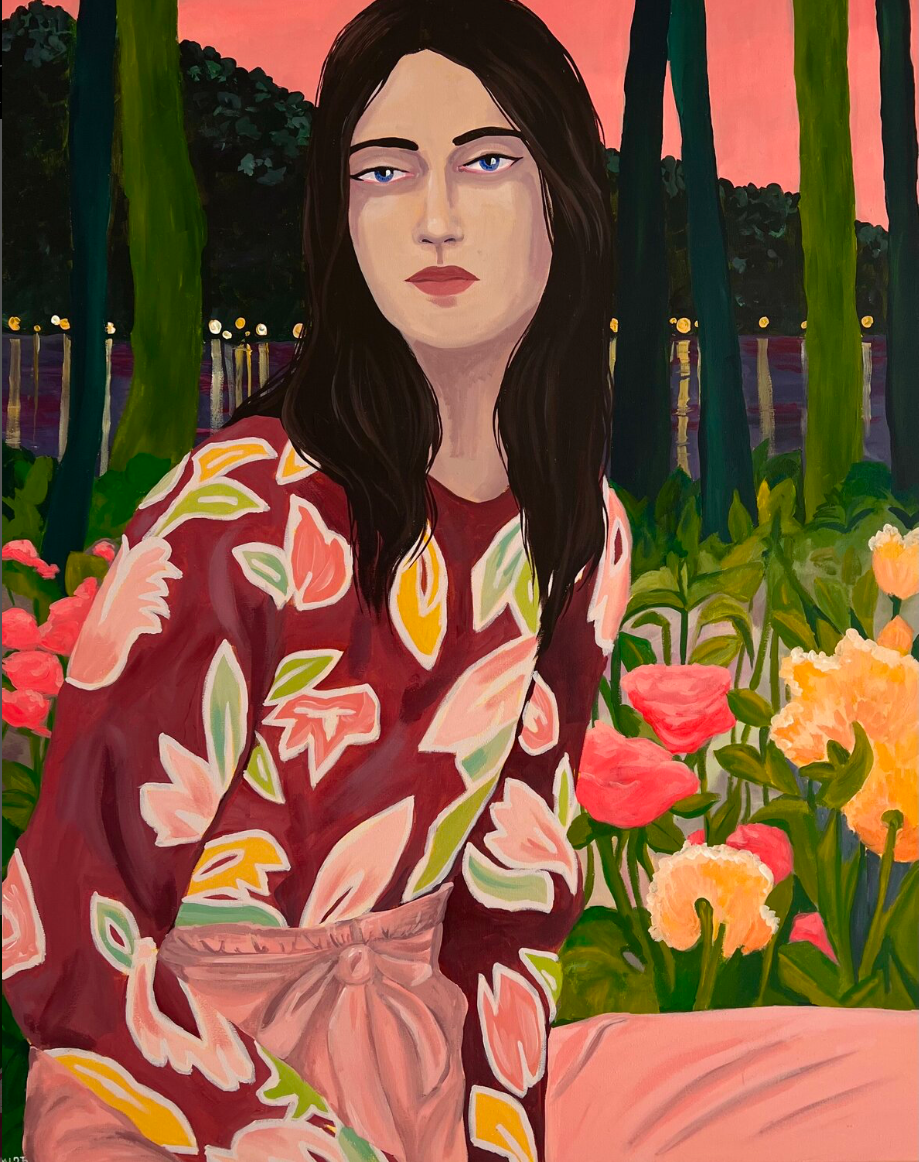 Vanessa van Meerhaeghe ist eine in Brüssel ansässige Malerin. Ihr Frauenporträt Gemälde "Flowerlit grace"  ist elegant und farbenfroh; sie liebt es, mit kühnen Mustern zu arbeiten.
