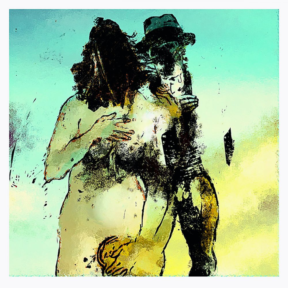 Klaus Heckhoff pintura digital ilustración figura esqueleto negro con sombrero abrazando a Venus de Botticelli