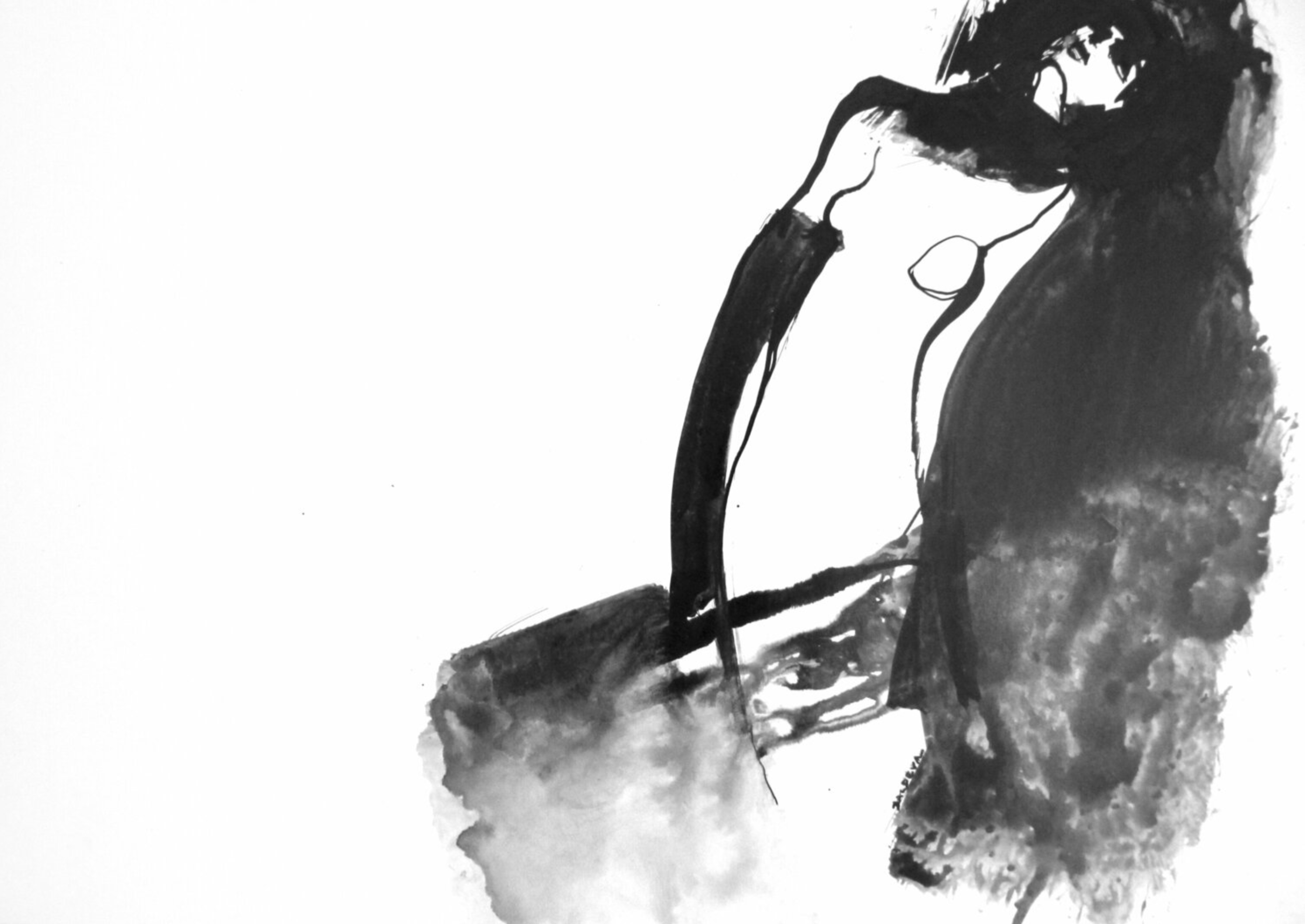 Elevación", de Sylvia Baldeva, es una acuarela pintada de forma semiabstracta.  Espiritualidad, pintura de sombras de mujeres, tinta blanca y negra sobre papel Canson