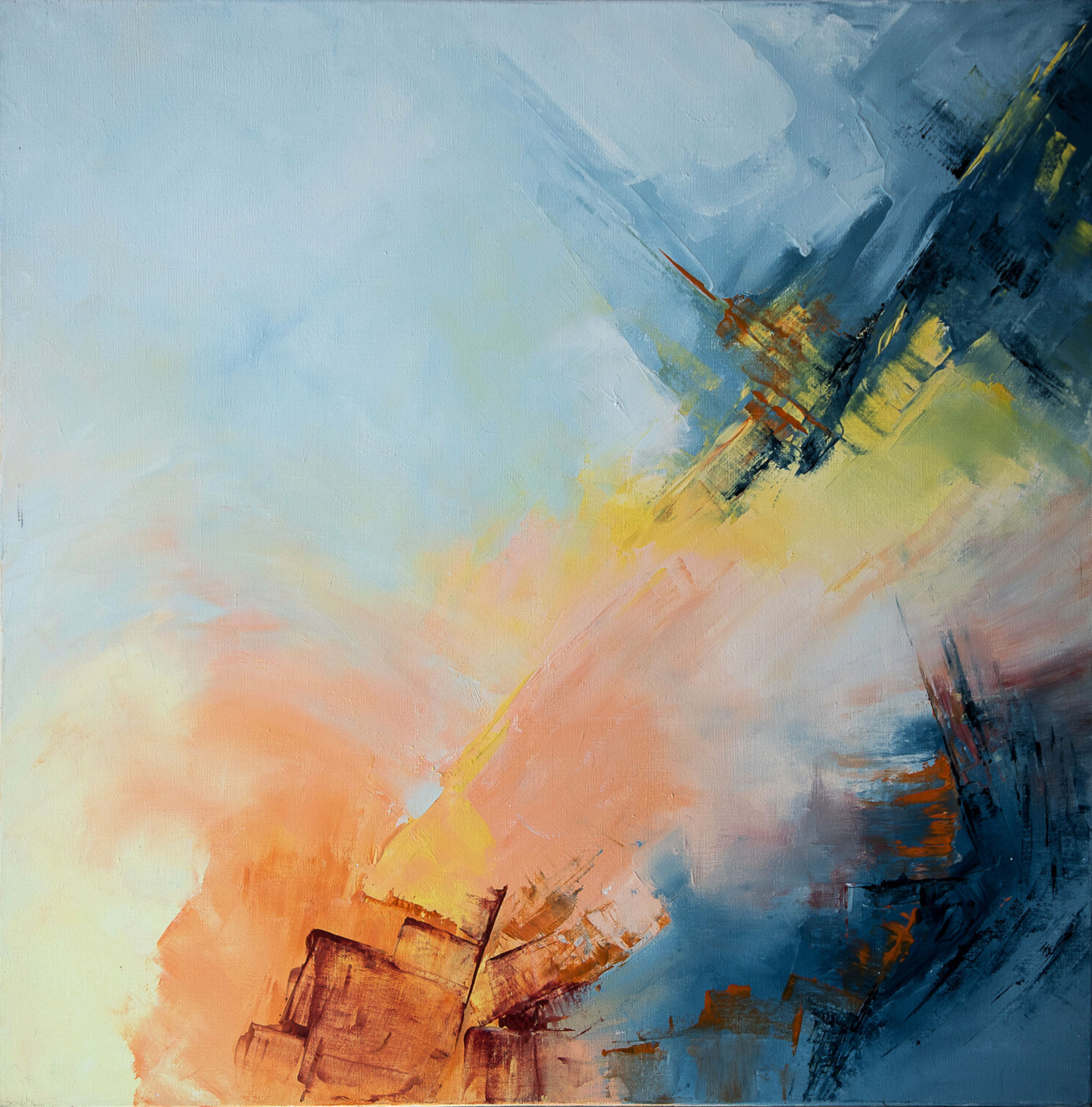 弗朗索瓦丝-杜古德-卡普特的 "Un jour une vie "抽象画展示了通过不同颜色的区域可视化的阶段，可以唤起一个生命的开始和结束的旅程。