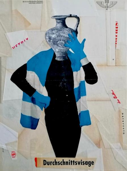 Holger Zimmermann's "Durchschnittsvisage" Figurative Collage einer Frau mit digitalen Überlagerungen.