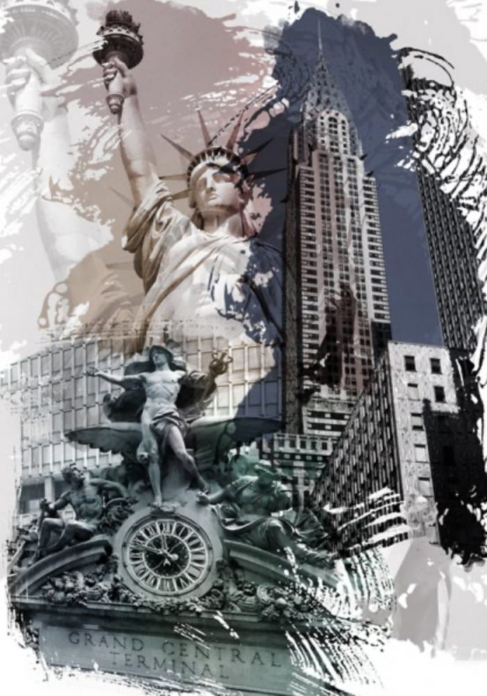 Jürgen Kuhl abstrakte Collage Siebdruck New York Freiheitsstatue Empire State Building und Grand Central Station
