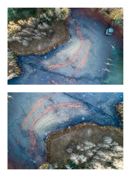 Stefan Kuhn's "Lakeshore Operations / Ground Level Serie #07" Drohnen Fotografie zeigt ein Seeufer mit 2 Motiven in einem Bild.
