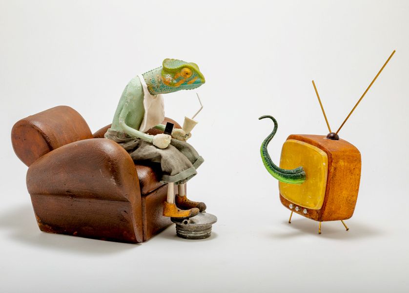 Stefano Prina Sculpture Chameleon on Sofa in Front of TV with Tentacles