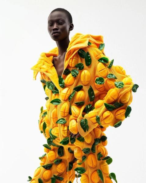 Bonny Carrera's KI generiertes Porträtbild "Easter 2024" zeigt eine farbige Frau mit einer dekorativen Mango Outfit
