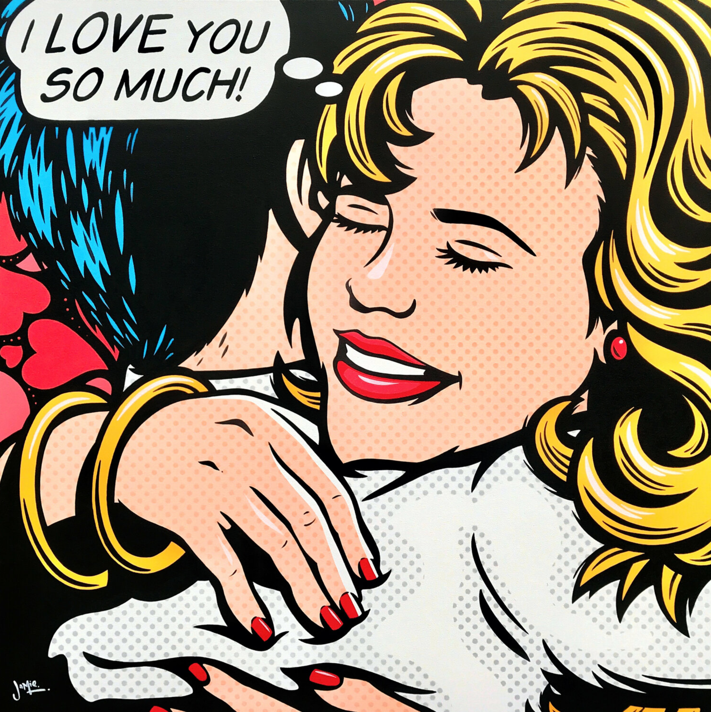 Pintura pop art "I Love You" de Jamie Lee en estilo cómic.  Diseño original, pop art pintado a mano. Una joven pareja abrazada con una burbuja de pensamiento: "Te quiero mucho". Pero, ¿quién lo está pensando? ¿Ella, él, tal vez ambos?