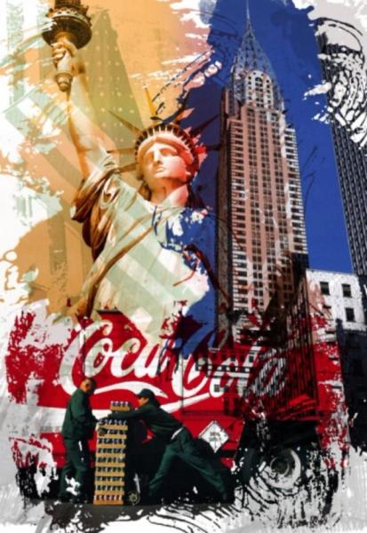 Jürgen Kuhl abstrakte Collage Pigmentdruck New York Freiheitsstatue Coca Cola und Empire State Building
