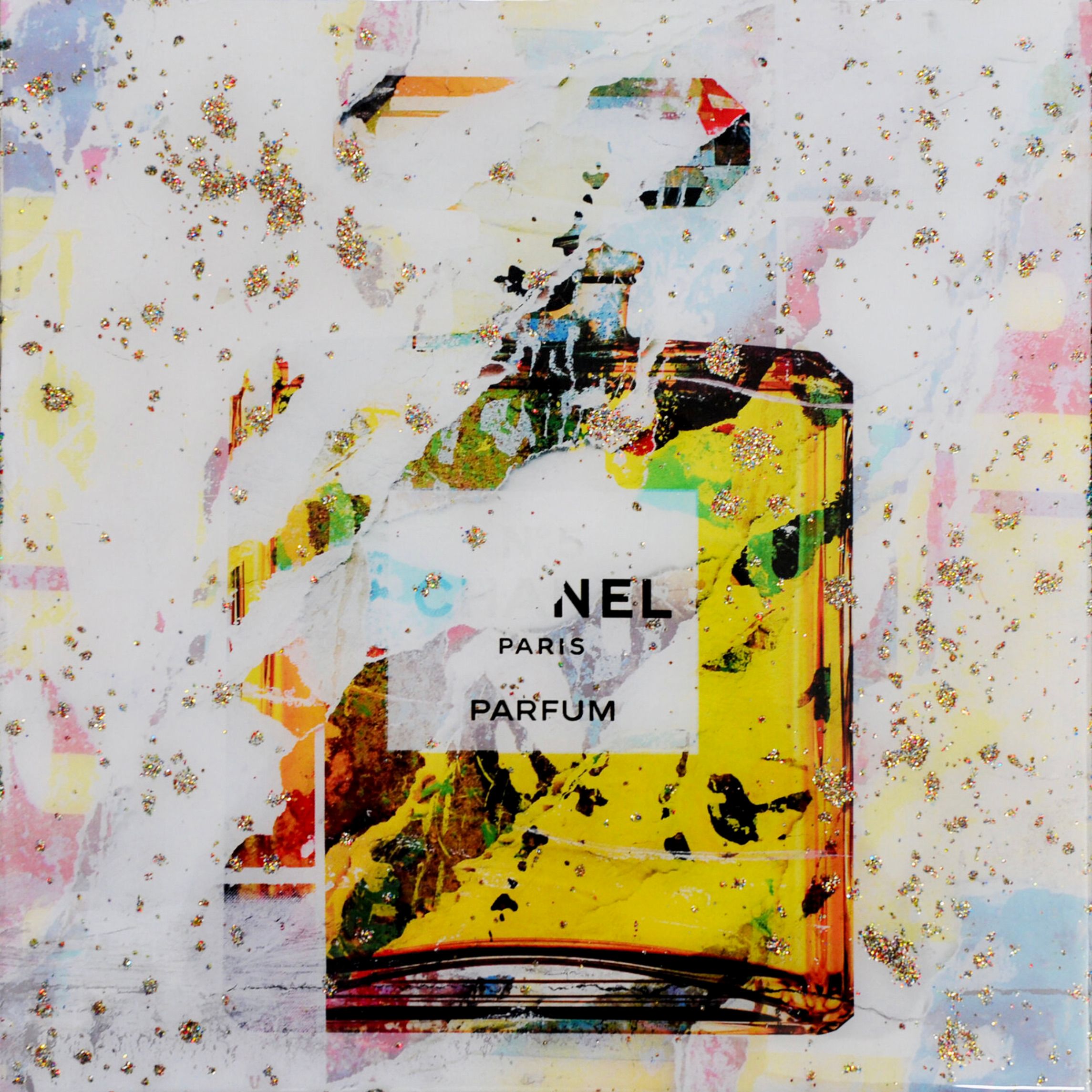 Karin Vermeer's "Chanel No.5 small resin edition" ist eine digitale Kombination und Bearbeitung von Fotografien, Gemälden und Collage zu neuen, Popart Kunstwerke in Farbe.