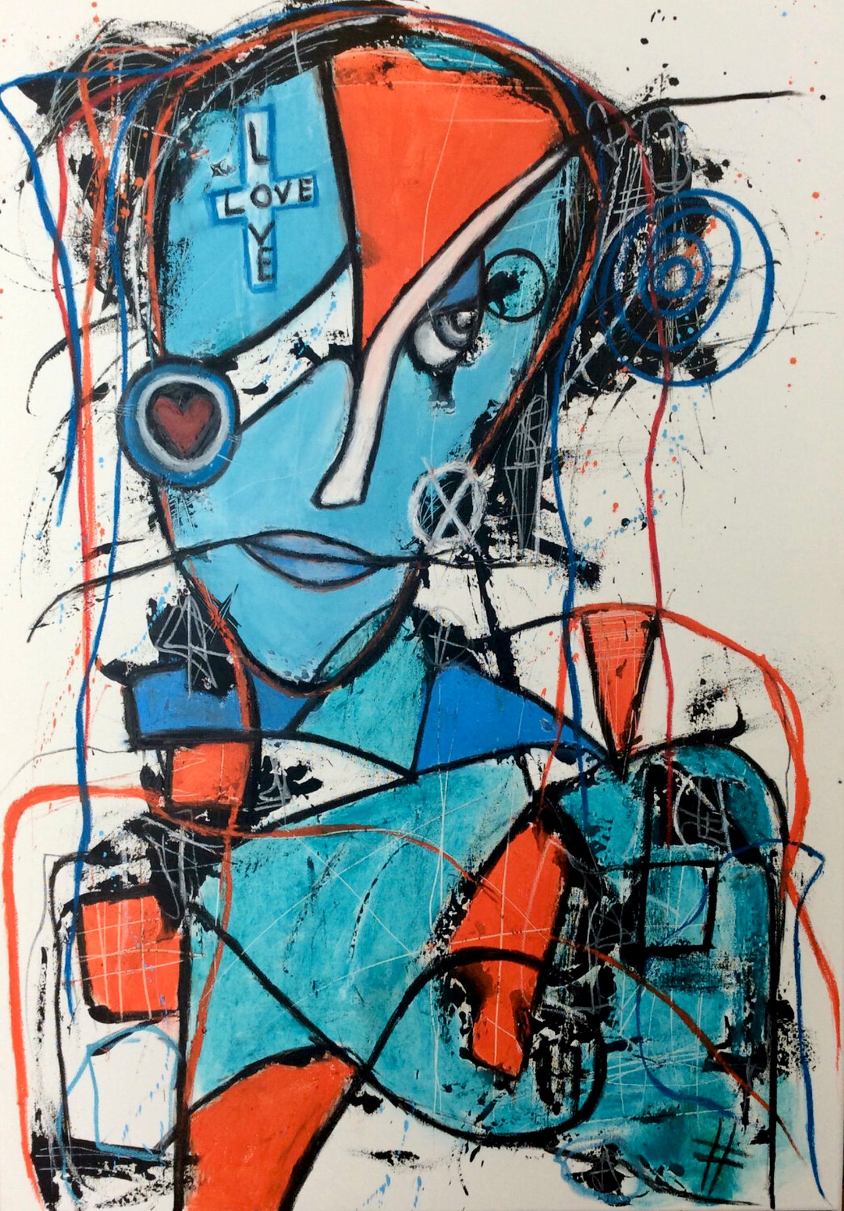 Le portrait expressif semi-abstrait "Searching for Love" d'Ilona Schmidt représente le visage d'une femme. Les couleurs rouge, orange, turquoise et bleu dominent dans ce tableau.