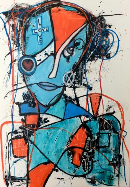 Ilona Schmidt's "Searching for Love" semi-abstraktes  expressives Porträtgemälde zeigt ein Frauengesicht. Die Farben Rot, Orange, Türkis, und Blau dominieren in diesem Bild.