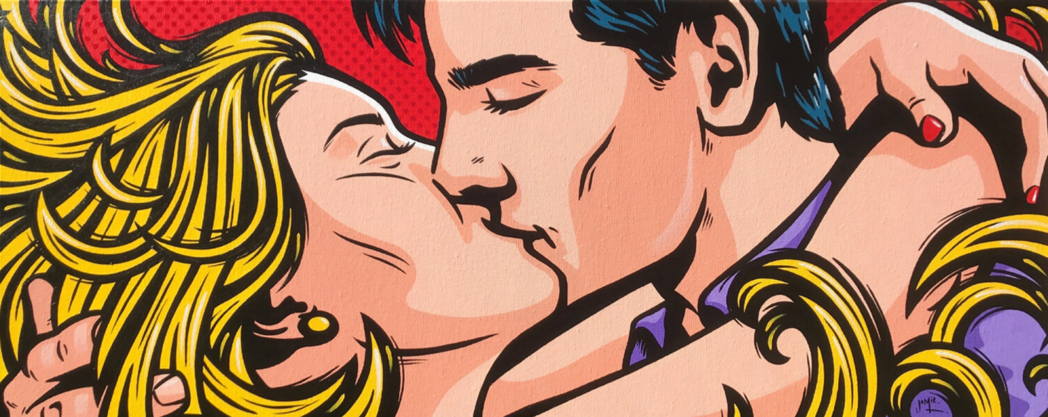 Jamie Lee's "Jung Love" pop art painting in comic style with original design of a young couple holding each other in a passionate embrace and kiss. The woman's blonde hair wrapped around her like flames of passion.