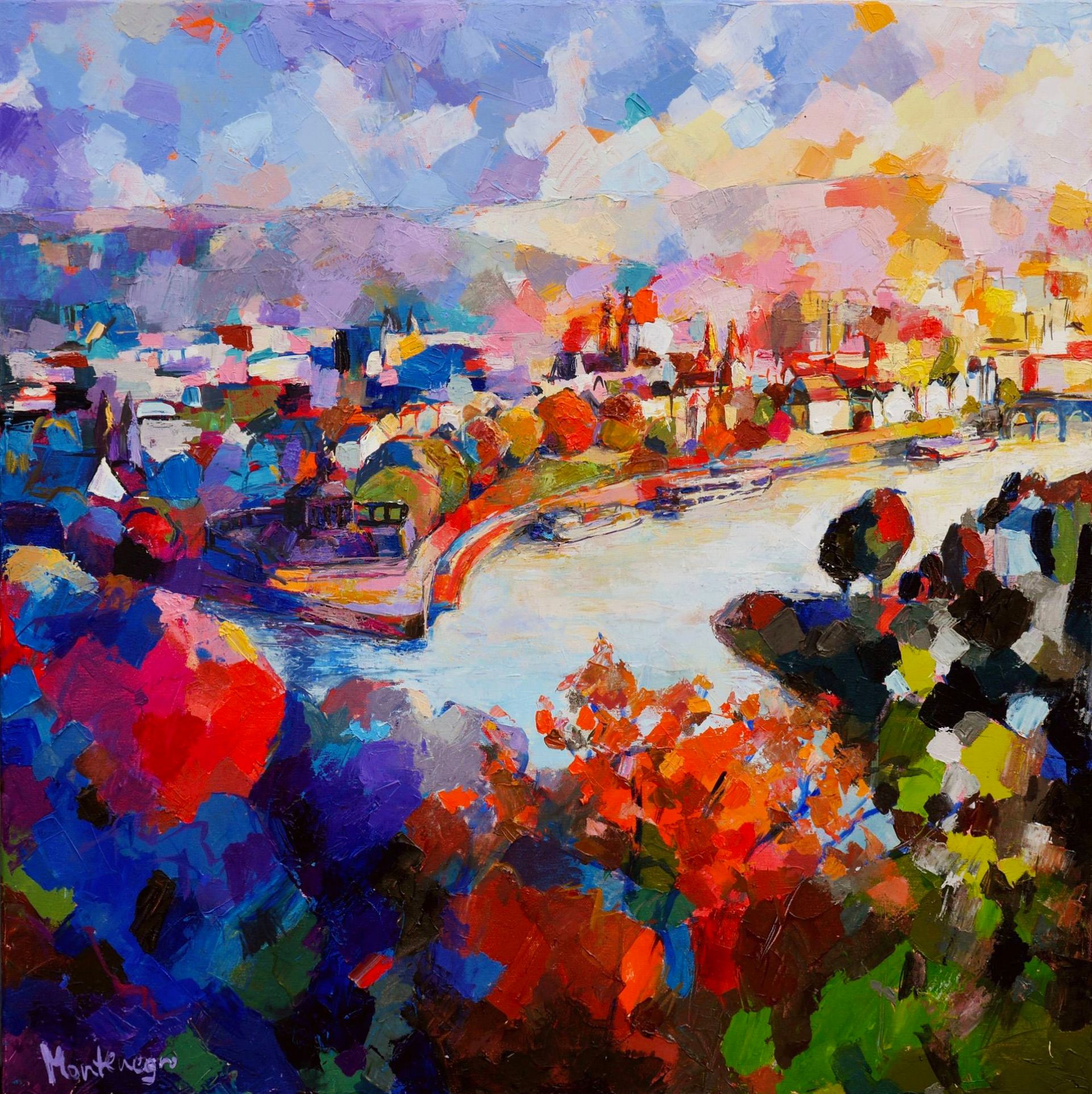Miriam Montenegro pittura espressionista paesaggio città con fiume
