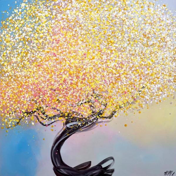 Oliver Messas "Lumière du matin... " Abstrakte Malerei aus der Serie "SOUVENIRS DU SUD". Das Bild wirkt wie ein wunderbar gelb blühender Frühlingsbaum.