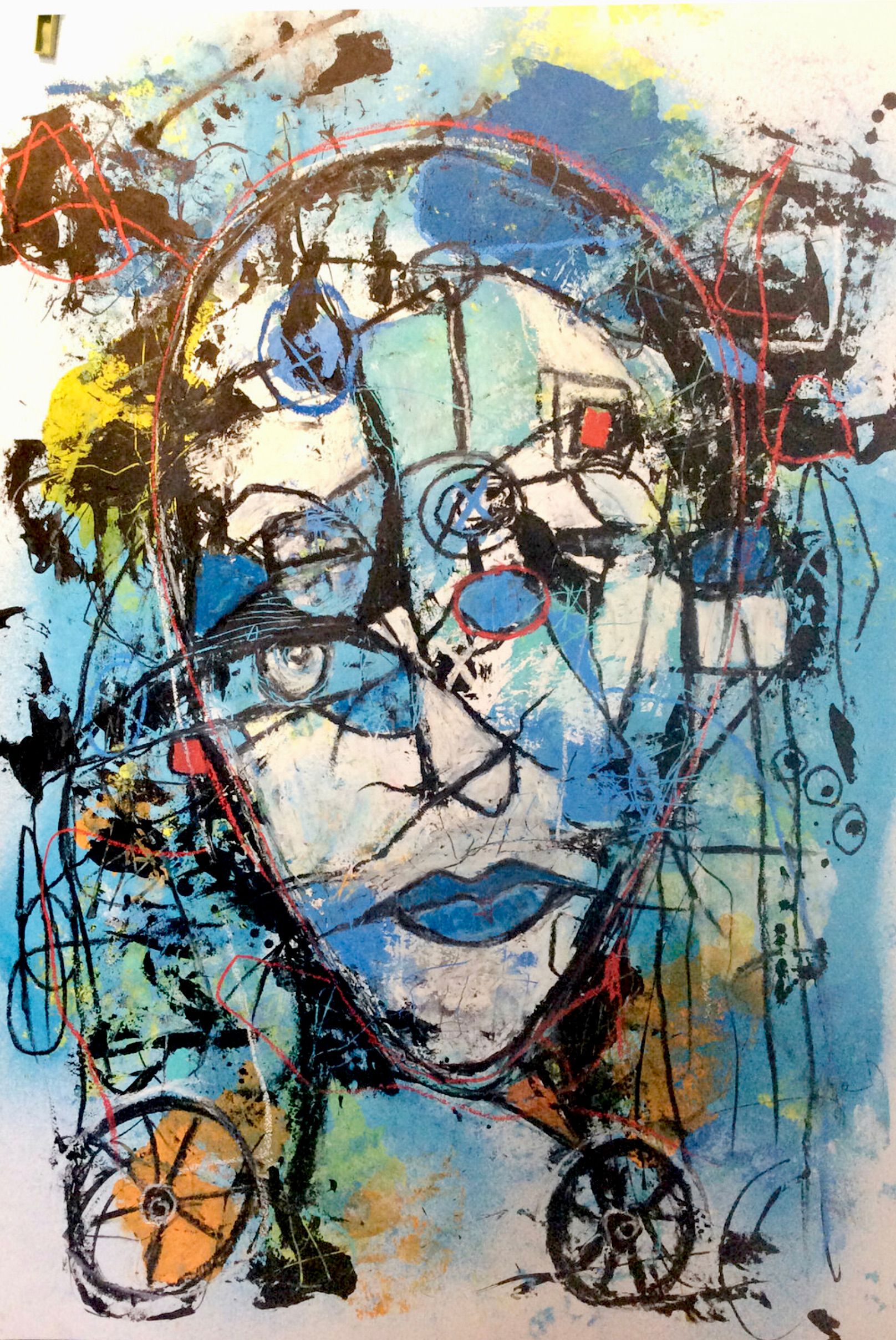 El expresivo retrato semi-abstracto "Ride my bicycle" de Ilona Schmidt muestra a un ciclista. Predominan los colores azul y turquesa.