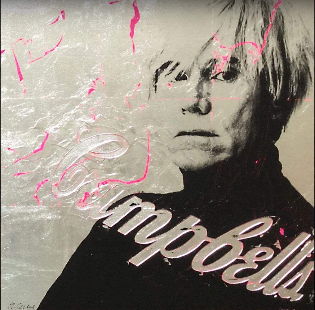 Jürgen Kuhl Pintura Serigrafía Plata de Andy Warhol Letras Campbell y pinceladas rosas