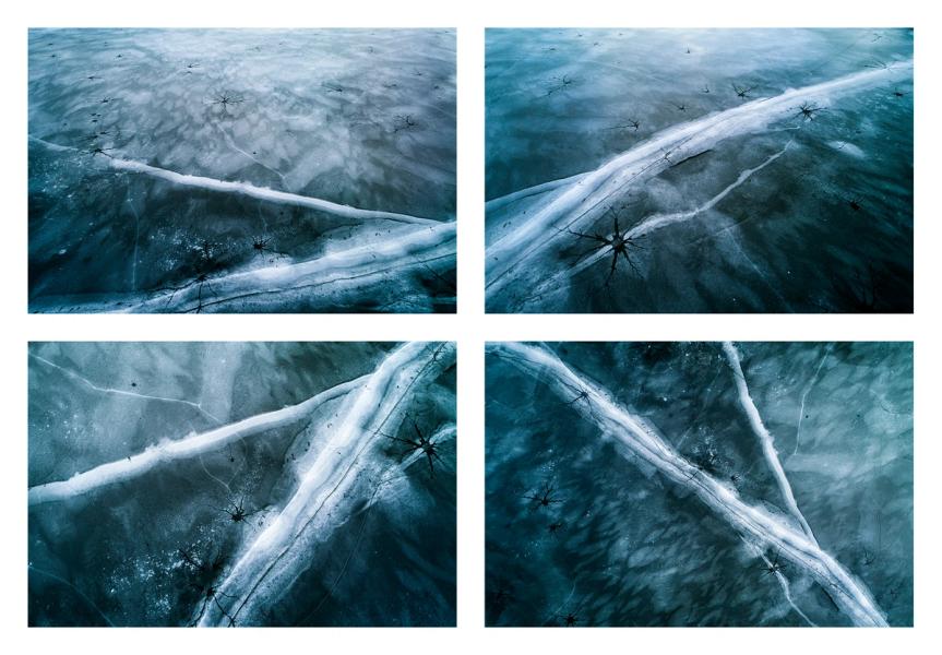Stefan Kuhn's "Lakeshore Operations / Winter Serie #08" Drohnen Fotografie zeigt ein Seeufer mit 4 Motiven in einem Bild.