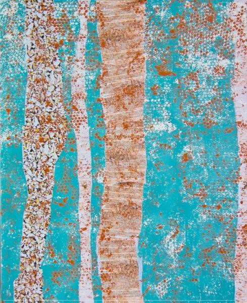 Ronny Cameron Abstract Painting Paper Stripes and Bubble Foil Print in Turquoise and Brown