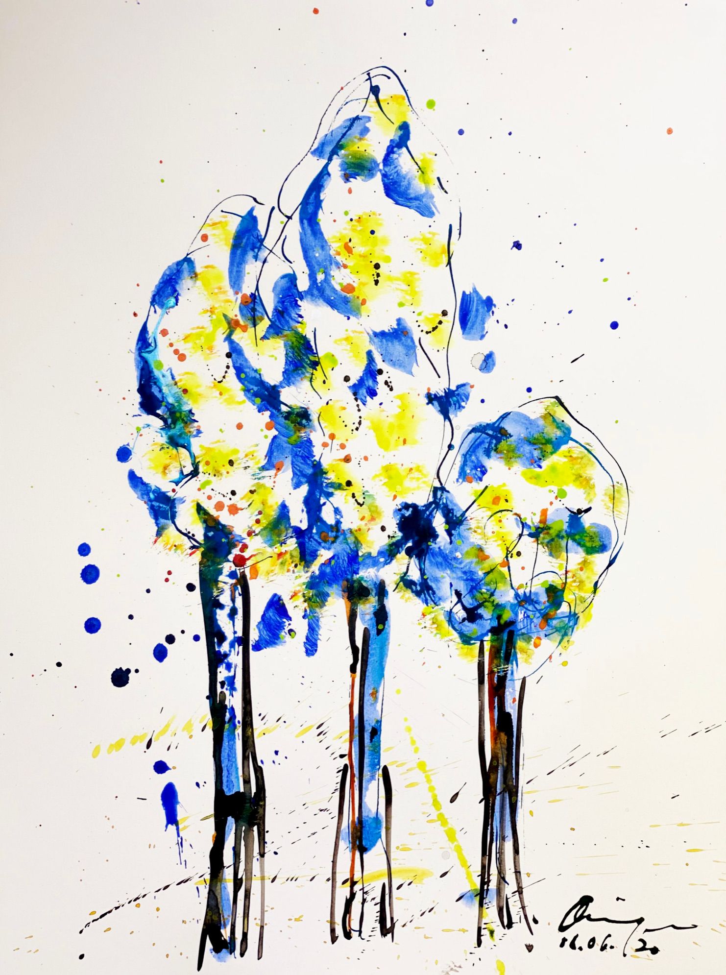 Marie-Paule Olinger abstracto blob pintura árboles amarillo azul