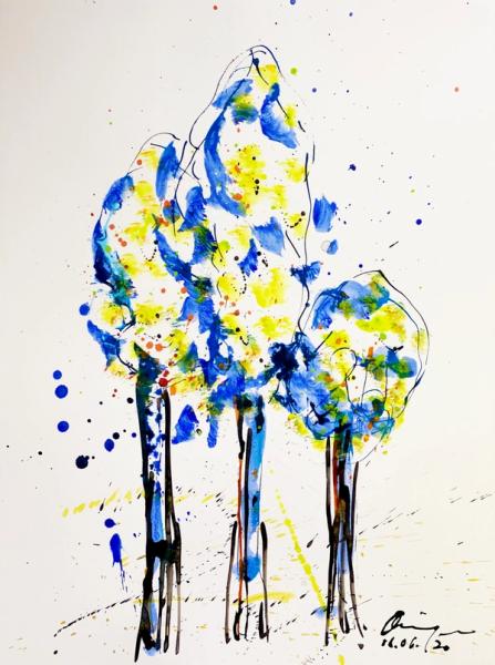Marie-Paule Olinger abstrakte Klecks Malerei Bäume gelb blau