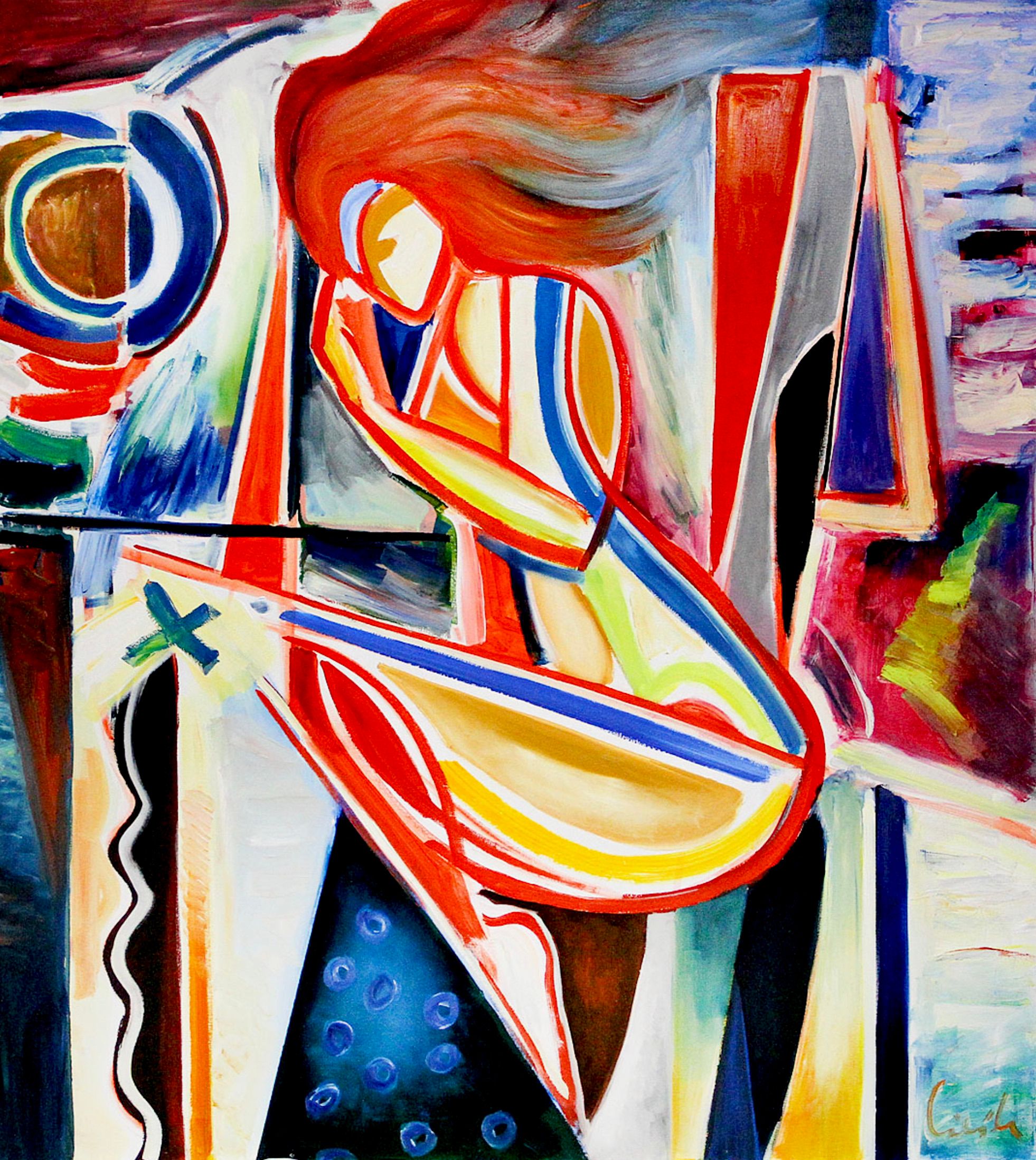 MECESLA Maciej Cieśla, "A letto", dipinto astratto di una giovane ragazza in forme geometriche e combinazioni di colori aggressivi con accenti rossi.