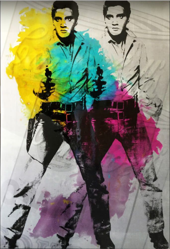 Jürgen Kuhl Siebdruck Illustration Elvis Presley mit revolver und bunten Farbklecksen und überbelnden campbells dose