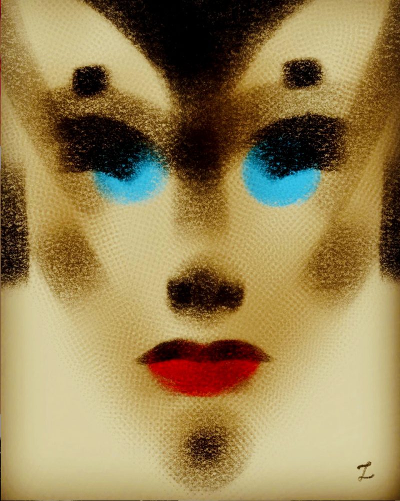 Zoko dibujo digital cara abstracta con lápiz labial rojo