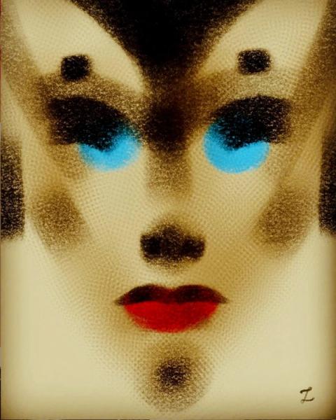 Zoko digitale Zeichnung abstraktes Gesicht mit rotem Lippenstift