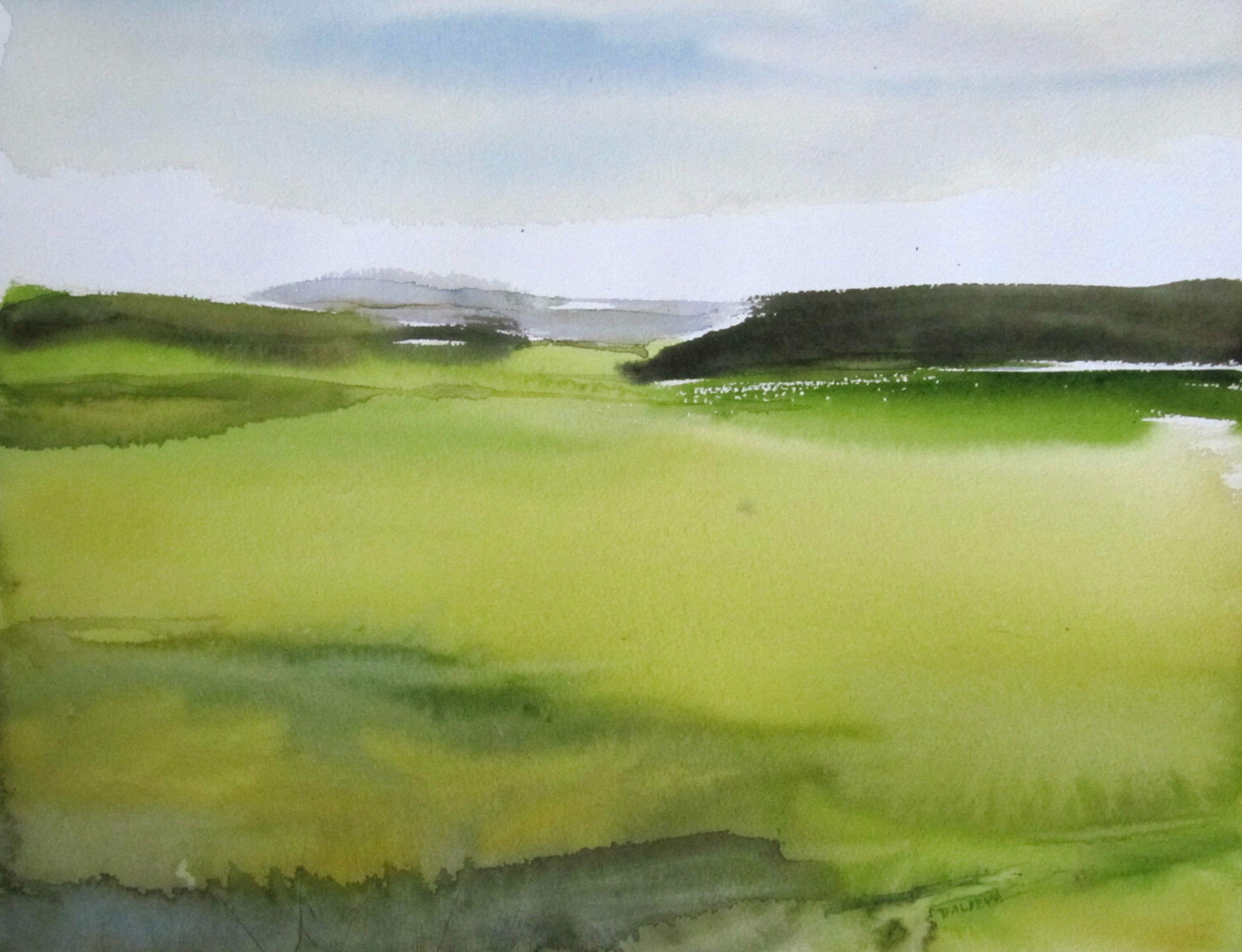 La "Plaine" de Sylvia Baldeva montre un paysage peint à l'aquarelle, plaine, ciel, couleur principalement verte.