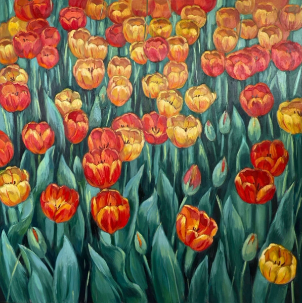 Anna Reznikova's "Summer Glimpse" painting shows a magnificent flower composition with colourful tulips.  The flowers are pink, pink and red and yellow, with light green leaves. Original oil painting, made in multi-layer technique.
