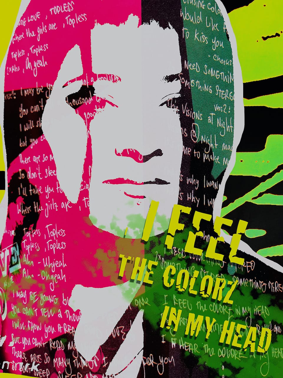 Ute Bruno digital collage illustration women portrait magenta and green with typography in the hair